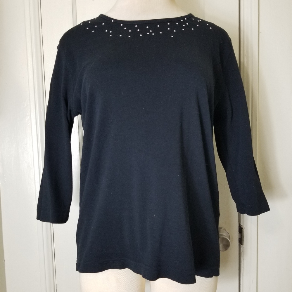 DISTINCT black rhinestone 3/4 sleeve cotton blouse XL